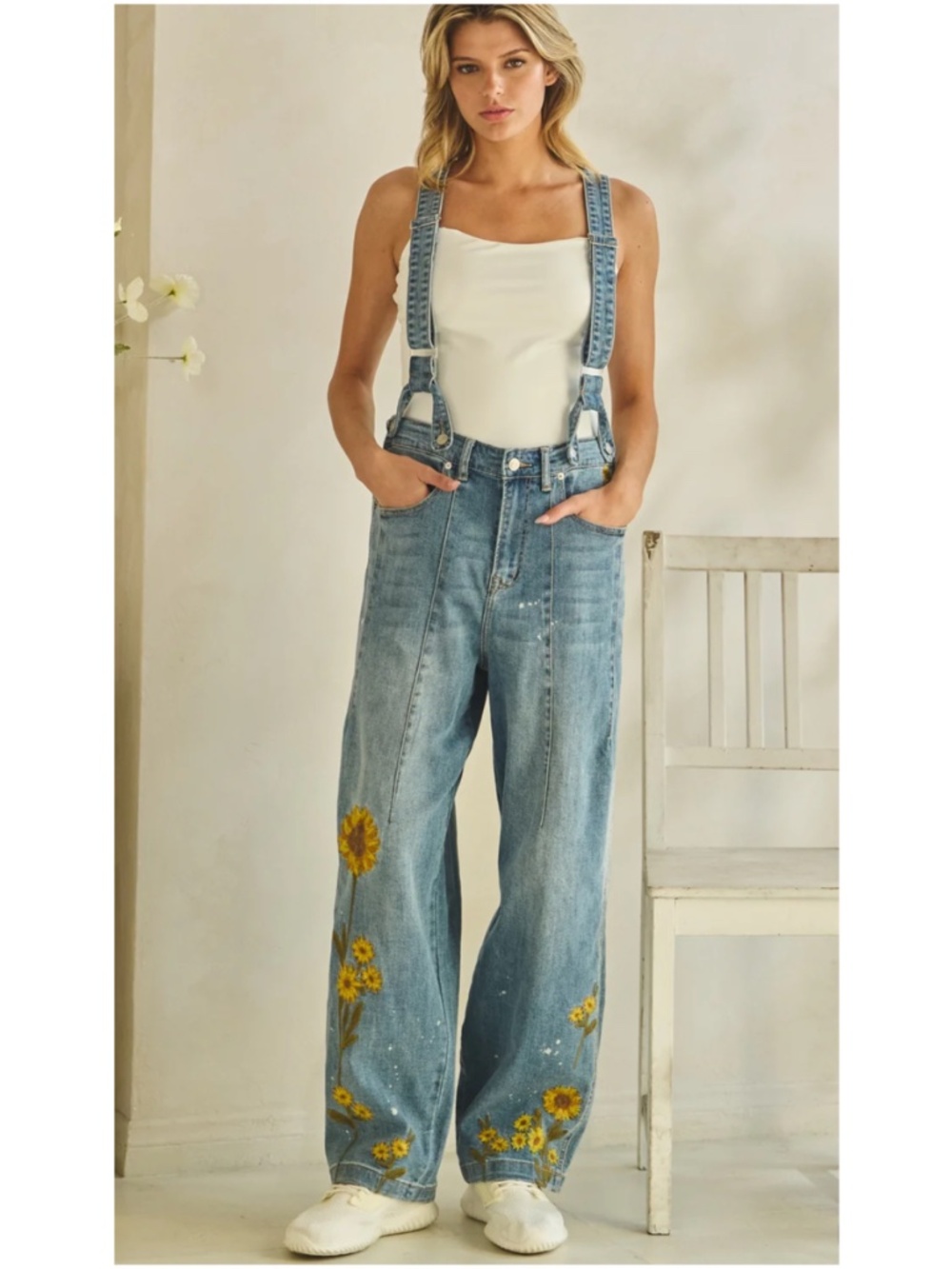 Oli & Hali medium Wash Stretchy Waist Sunflower Embroidered Bibs Overalls
